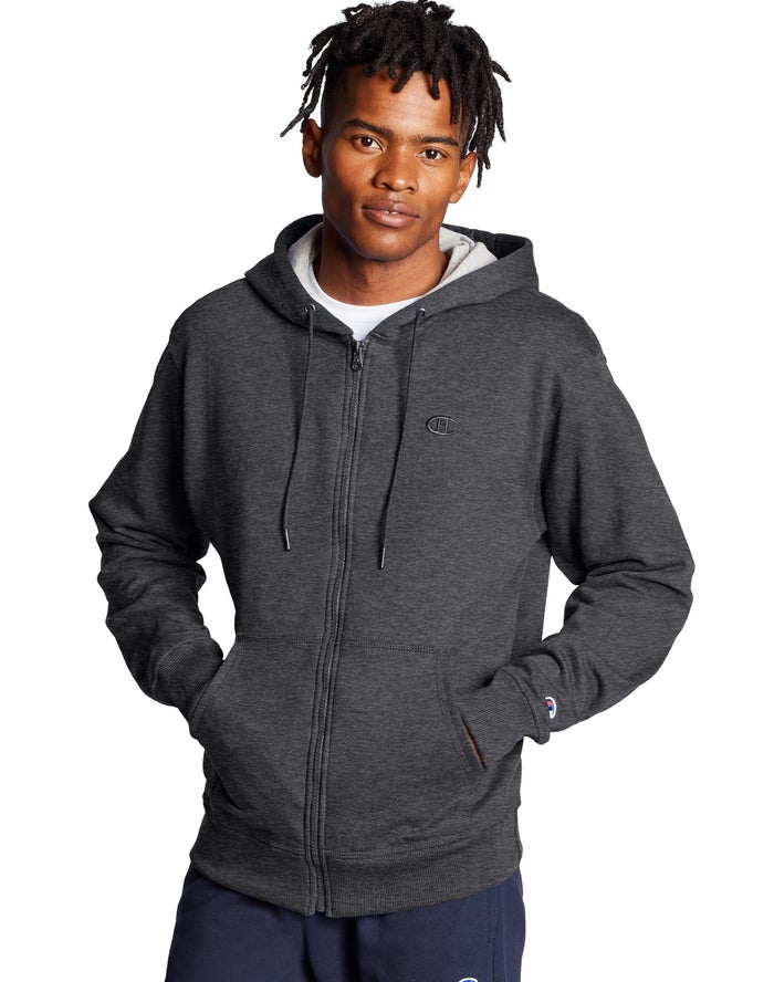 Champion Mens Hoodie NZ - Powerblend Fleece Full Zip C Logo Dark Grey ( 5439-XBZUQ )